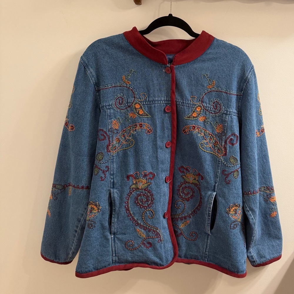 Embroidered Denim Jacket with Paisley Detail XL